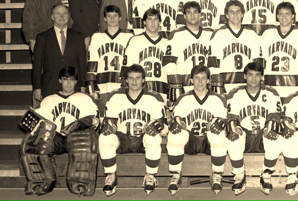 Canadian Prime Minister Mark Carney (far left in the front row) was a goalie on the Harvard hockey team. He's shown here in the 1984-85 team photo. (Harvard University)Harvard University