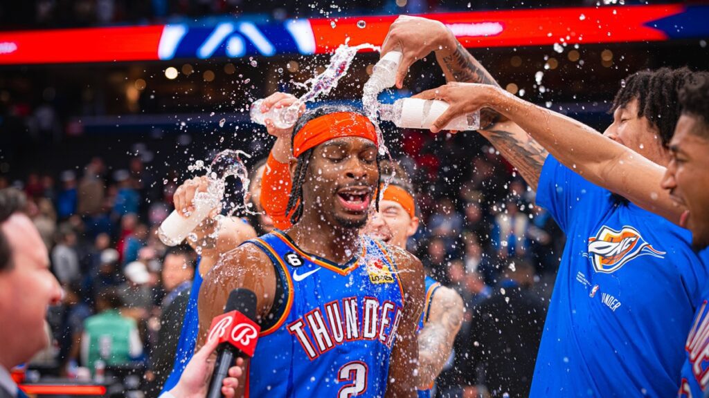 A November to remember, Canadian guard Shai Gilgeous-Alexander gets splashed with water after hitting the game winning shot to lift Oklahoma City Thunder past the Washington Wizards - Photo: Oklahoma City Thunder