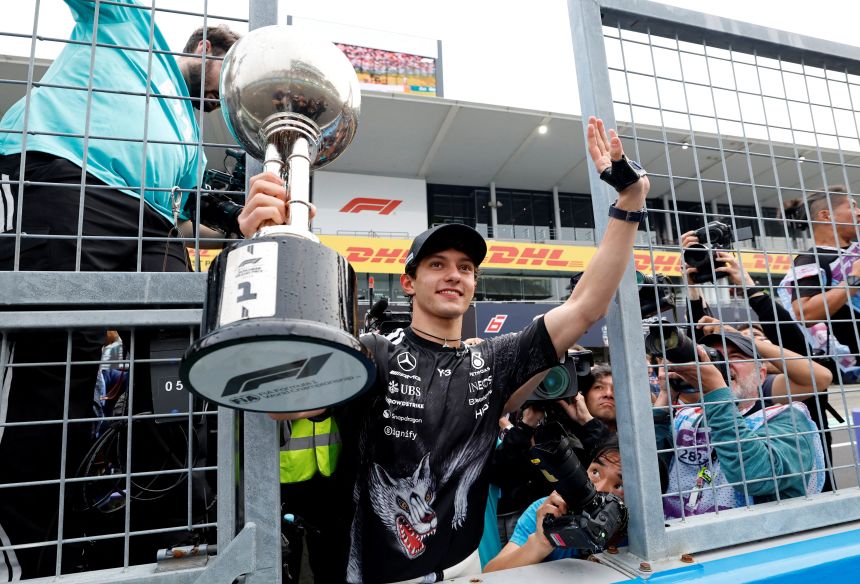 Kimi Antonelli celebrates with the trophy after winning the Japanese Grand Prix in March. Kim Kyung-Hoon/Reuters