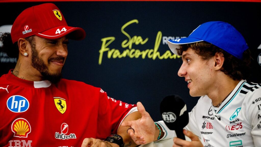 Lewis Hamilton, Ferrari, Andrea Kimi Antonelli, Mercedes at the Press Conference Photo by: Sam Bagnall / Motorsport Images