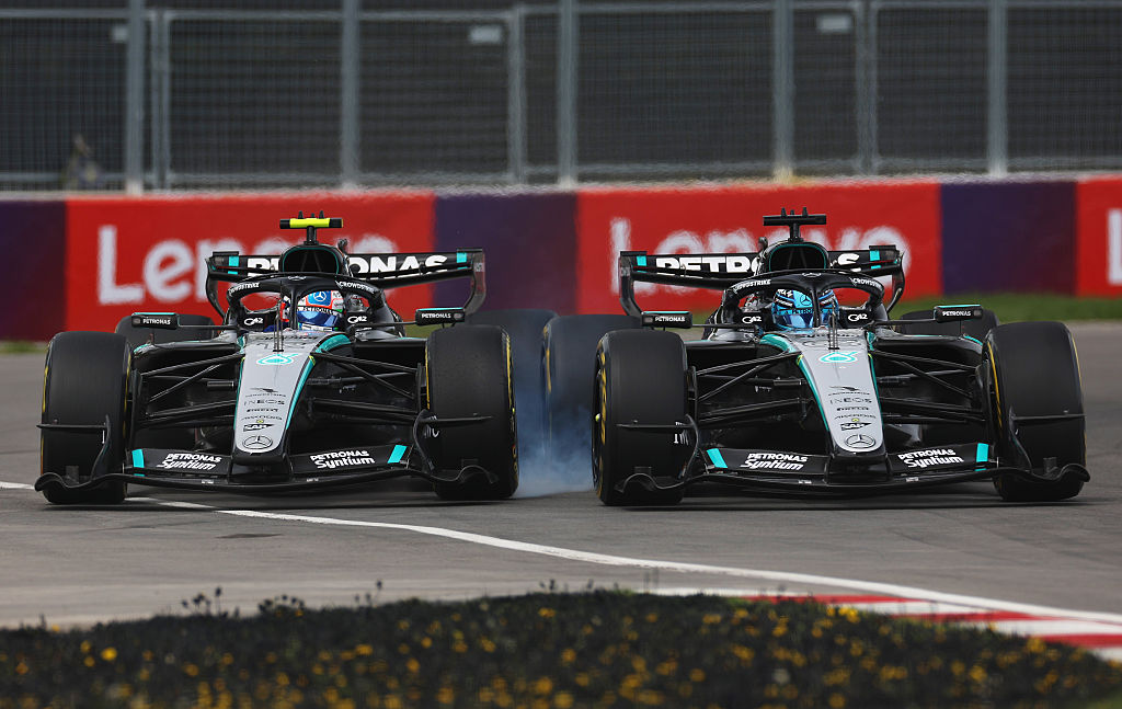 MONTREAL, QUEBEC - MAY 23: Andrea Kimi Antonelli of Italy driving the (12) Mercedes AMG Petronas F1 Team W17 and George Russell of Great Britain driving the (63) Mercedes AMG Petronas F1 Team W17 battle for the lead during the Sprint ahead of the F1 Grand Prix of Canada at Circuit Gilles-Villeneuve on May 23, 2026 in Montreal, Quebec. (Photo by Alastair Staley/LAT Images)