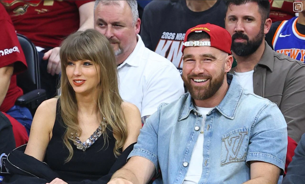 Taylor Swift and Travis Kelce attend the game between the New York Knicks and Cleveland Cavaliers at Rocket Arena in Ohio, United States, on May 23, 2026. (AFP Photo)